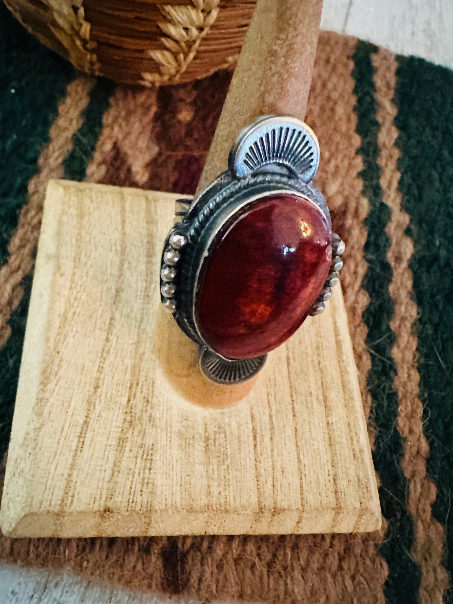 Navajo Orange Spiny & Sterling Silver Ring Size 7