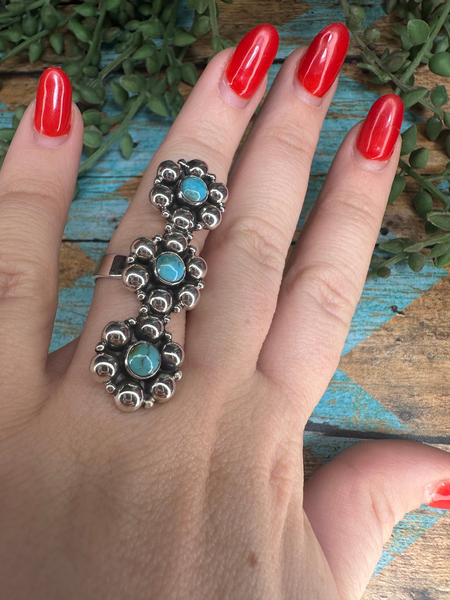 Beautiful Handmade Sterling Silver & Turquoise Adjustable Ball Ring