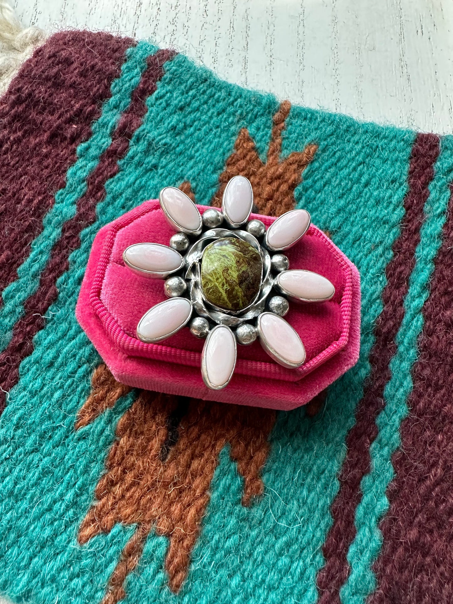 “Pink Blossom” Gorgeous Navajo Turquoise, Pink Conch And Sterling Silver Adjustable Flower Ring Signed