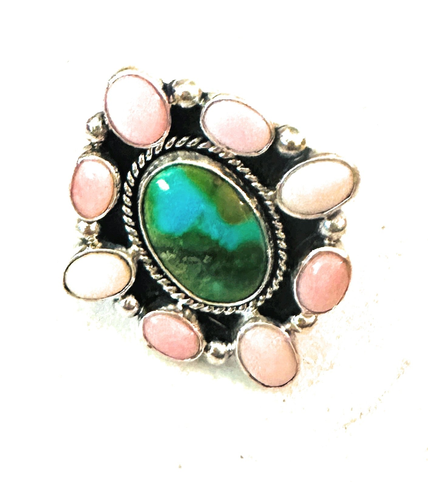 Navajo Sterling Silver, Queen Pink Conch & Turquoise Cluster Adjustable Ring