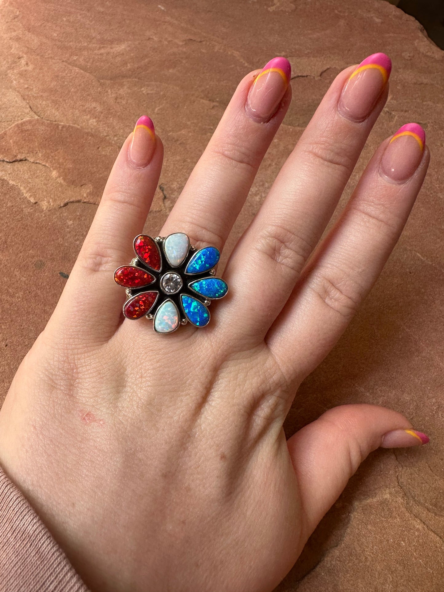 4TH OF JULY COLLECTION Handmade Red, White & Blue Fire Opal & Sterling Silver Adjustable Ring Signed Nizhoni