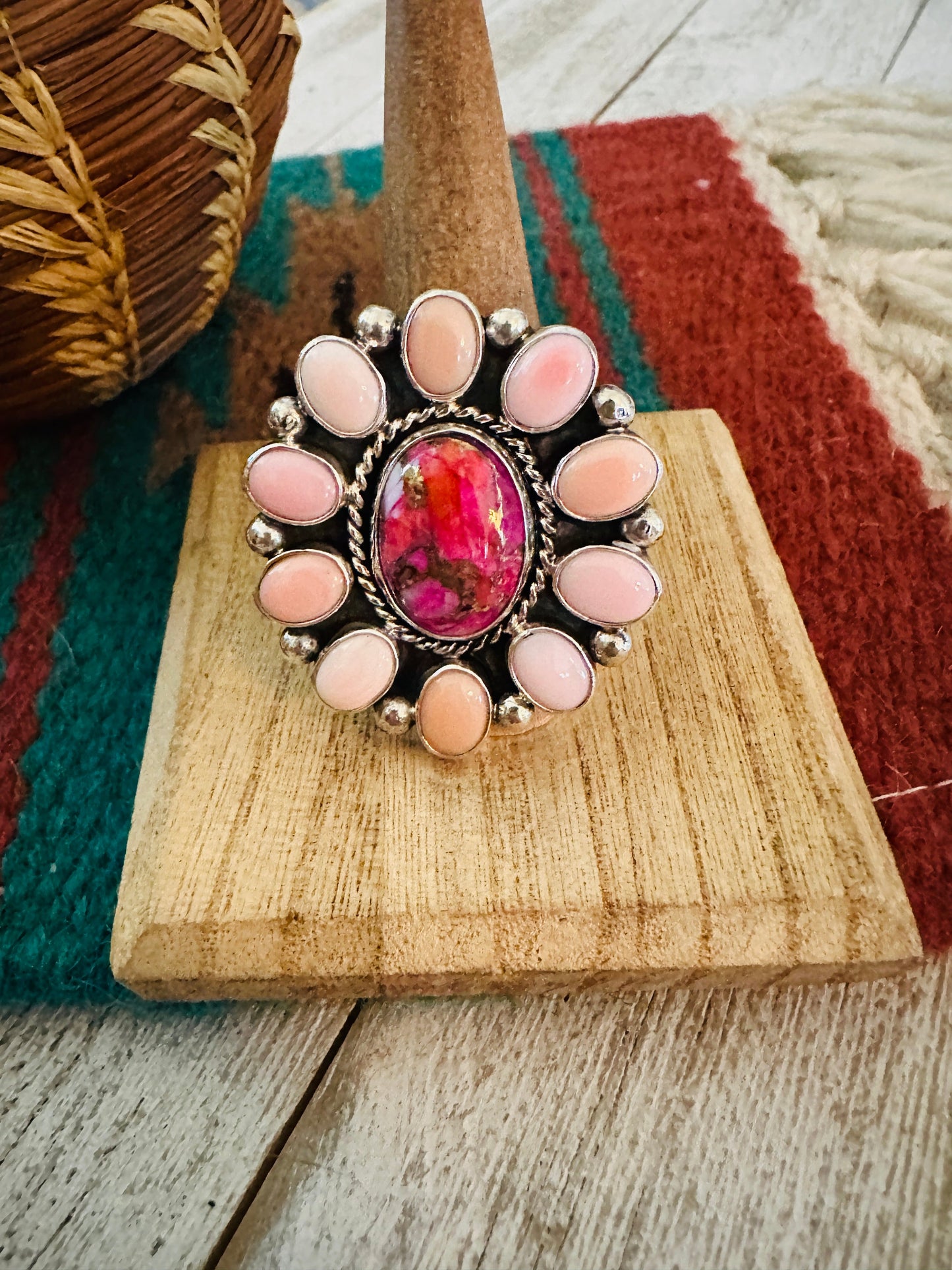 Navajo Sterling Silver, Queen Pink Conch & Pink Dream Cluster Adjustable Ring