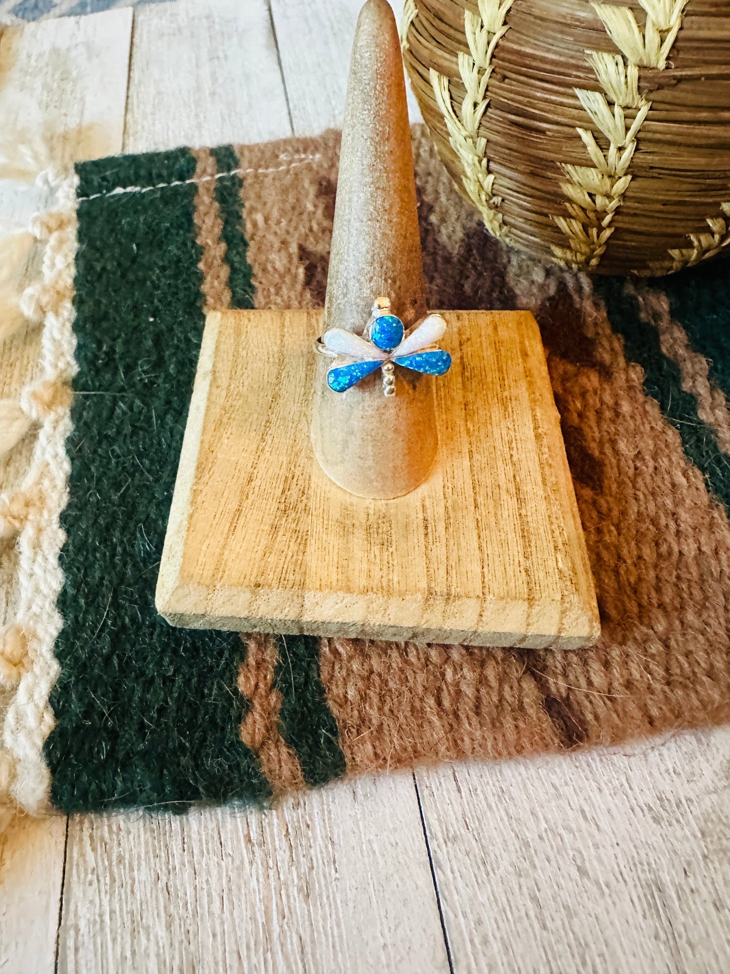 Navajo Sterling Silver, Blue & White Opal Dragonfly Ring