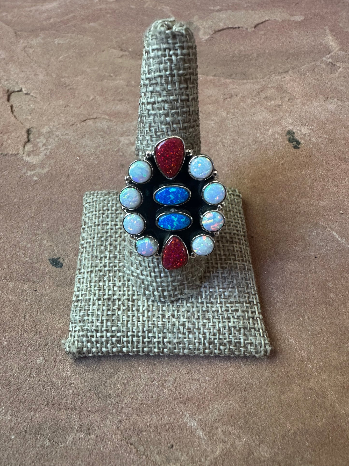 4TH OF JULY COLLECTION Handmade Red, White & Blue Fire Opal & Sterling Silver Adjustable Ring Signed Nizhoni