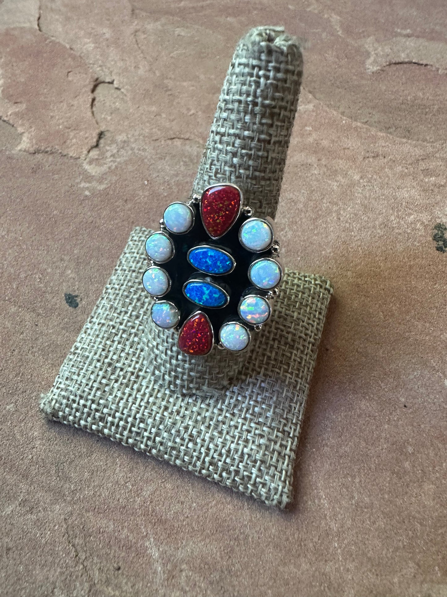 4TH OF JULY COLLECTION Handmade Red, White & Blue Fire Opal & Sterling Silver Adjustable Ring Signed Nizhoni