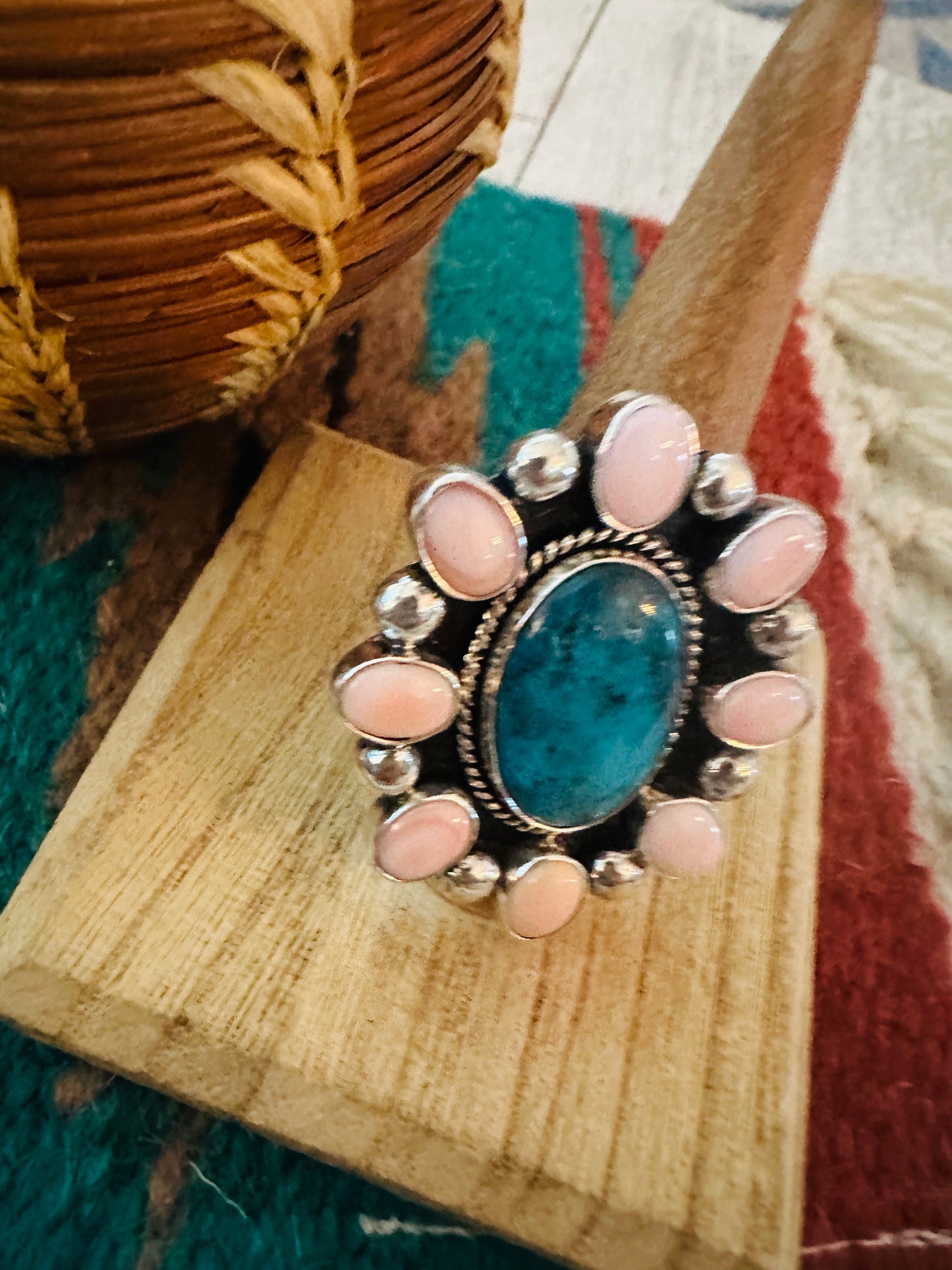 Navajo Sterling Silver, Queen Pink Conch & Turquoise Cluster Adjustable Ring