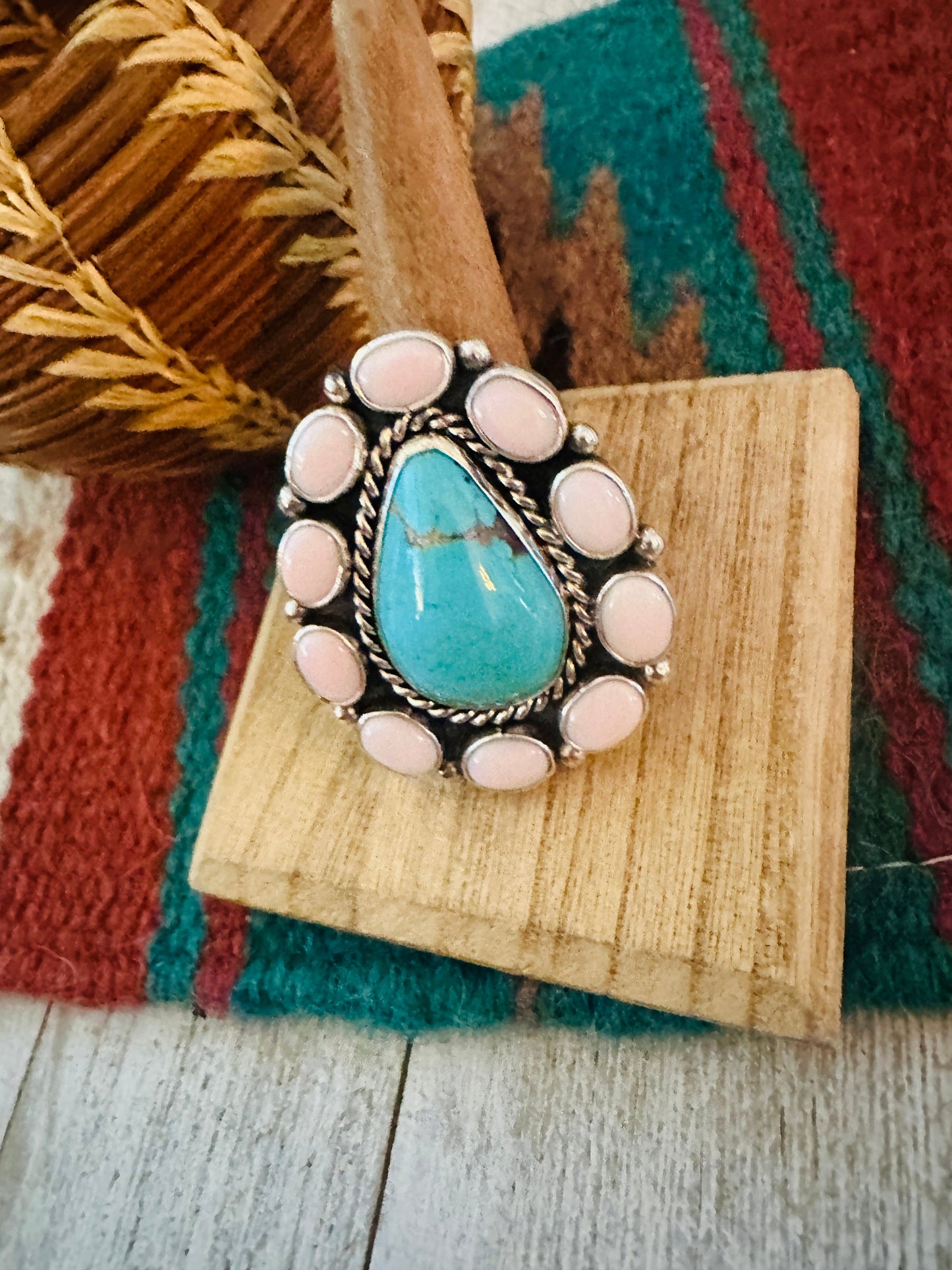 Navajo Sterling Silver, Queen Pink Conch & Turquoise Cluster Adjustable Ring