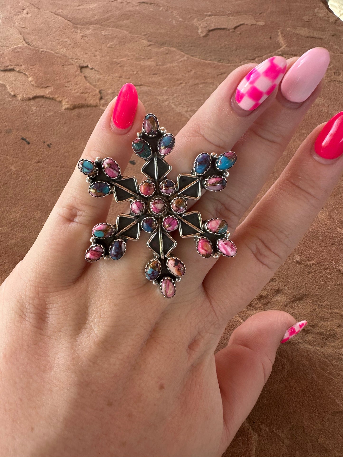 Beautiful Handmade Pink Dream Mojave And Sterling Silver Adjustable Snowflake Ring