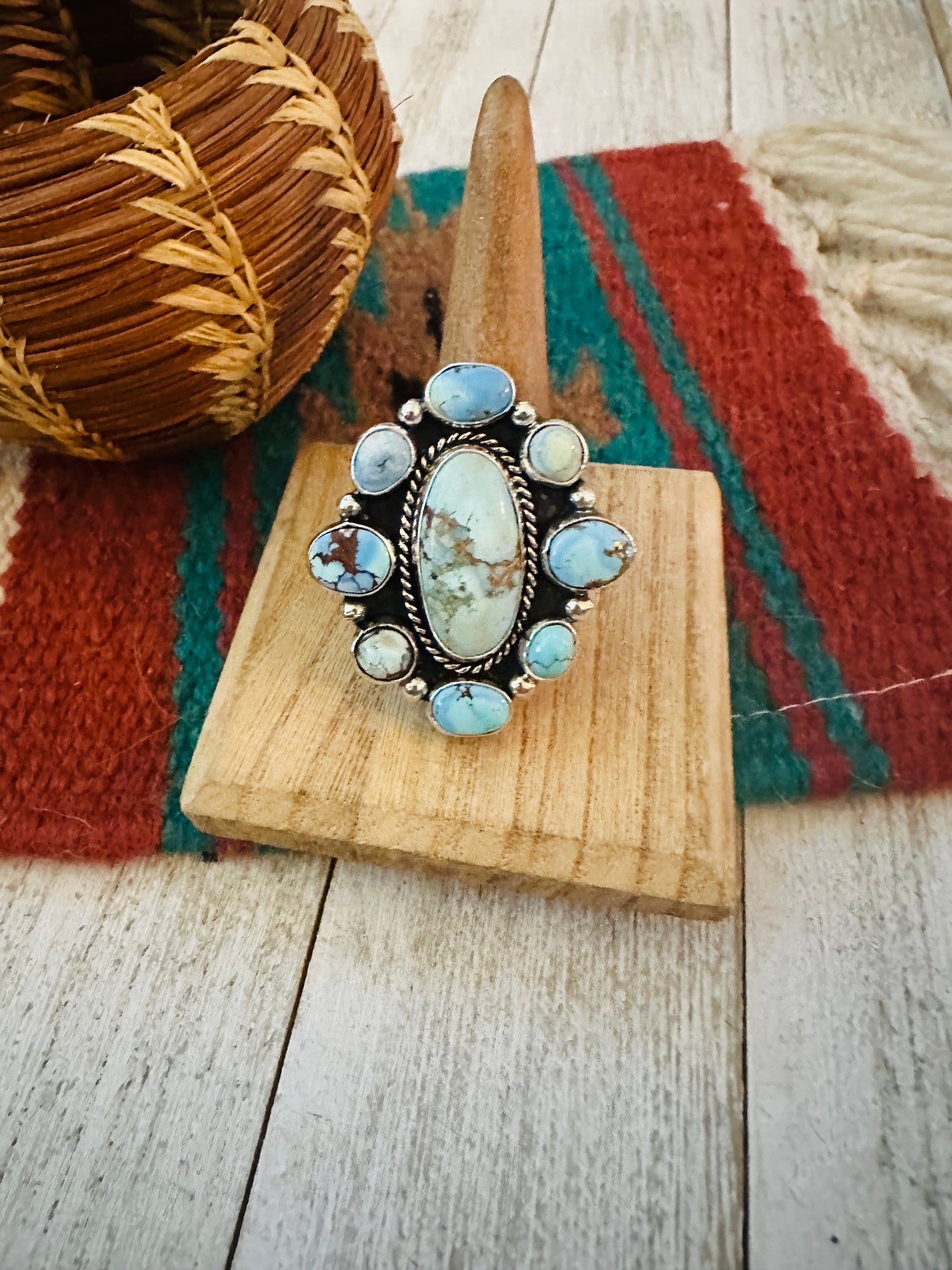 Navajo Sterling Silver & Golden Hills Turquoise Cluster Adjustable Ring