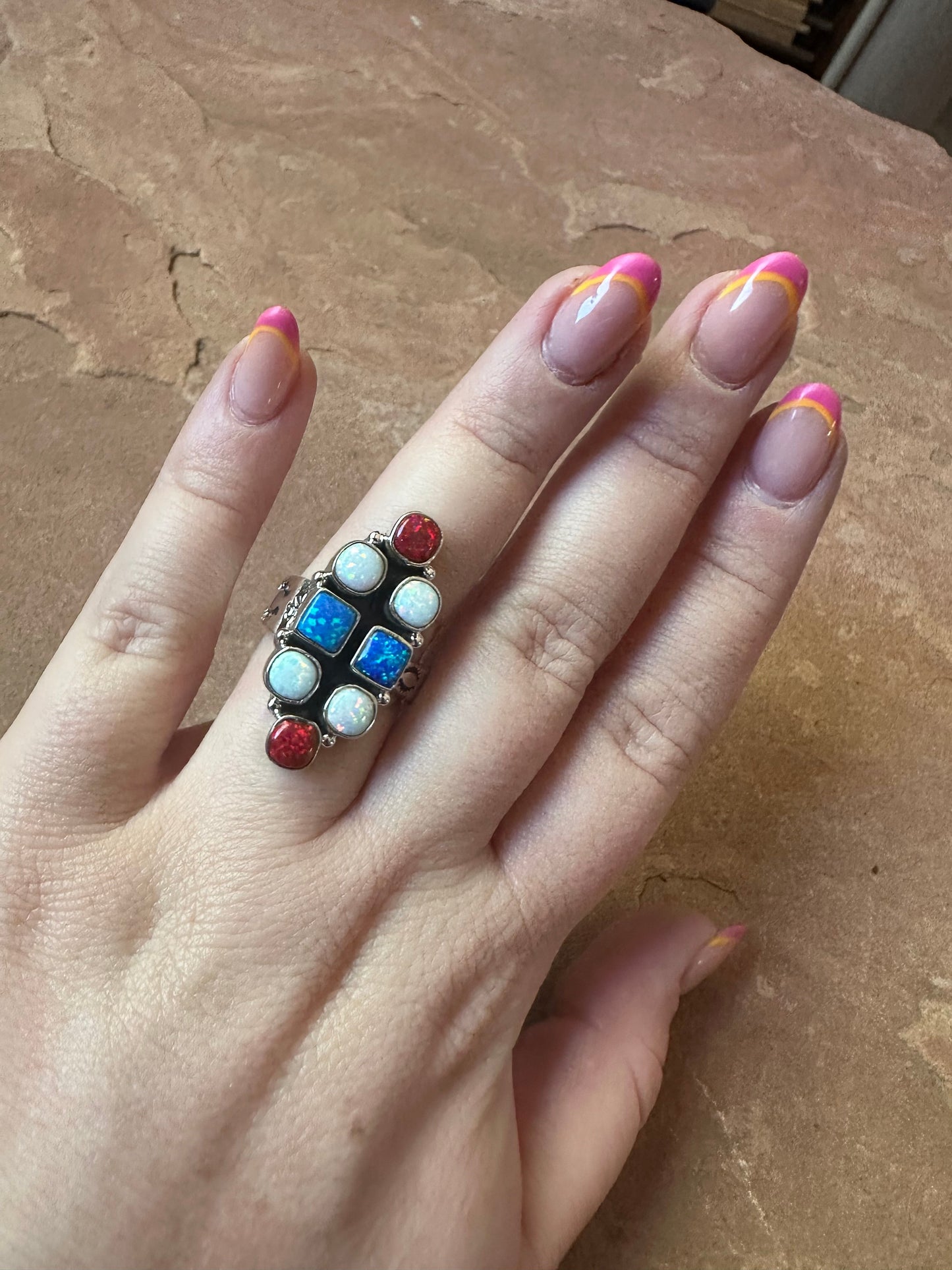 4TH OF JULY COLLECTION Handmade Red, White & Blue Fire Opal & Sterling Silver Adjustable Ring Signed Nizhoni