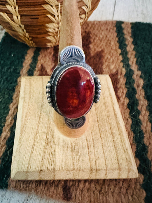 Navajo Orange Spiny & Sterling Silver Ring Size 7