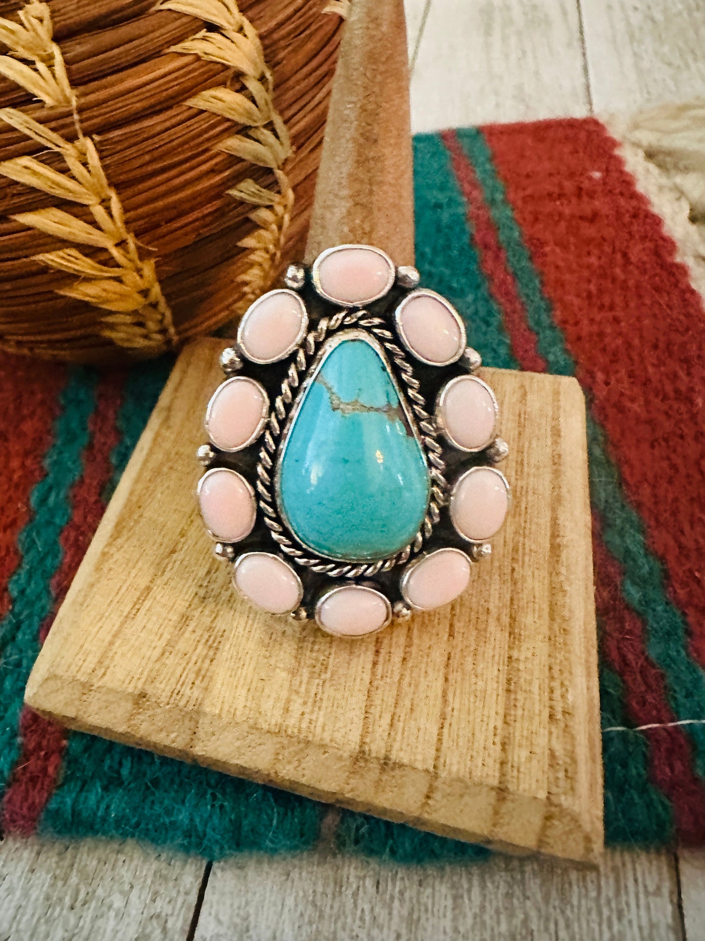 Navajo Sterling Silver, Queen Pink Conch & Turquoise Cluster Adjustable Ring