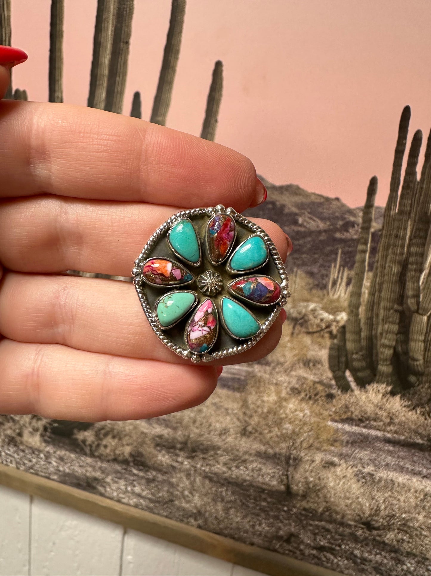 Beautiful Handmade Pink Dream Mojave, Turquoise And Sterling Silver Adjustable Circle Ring