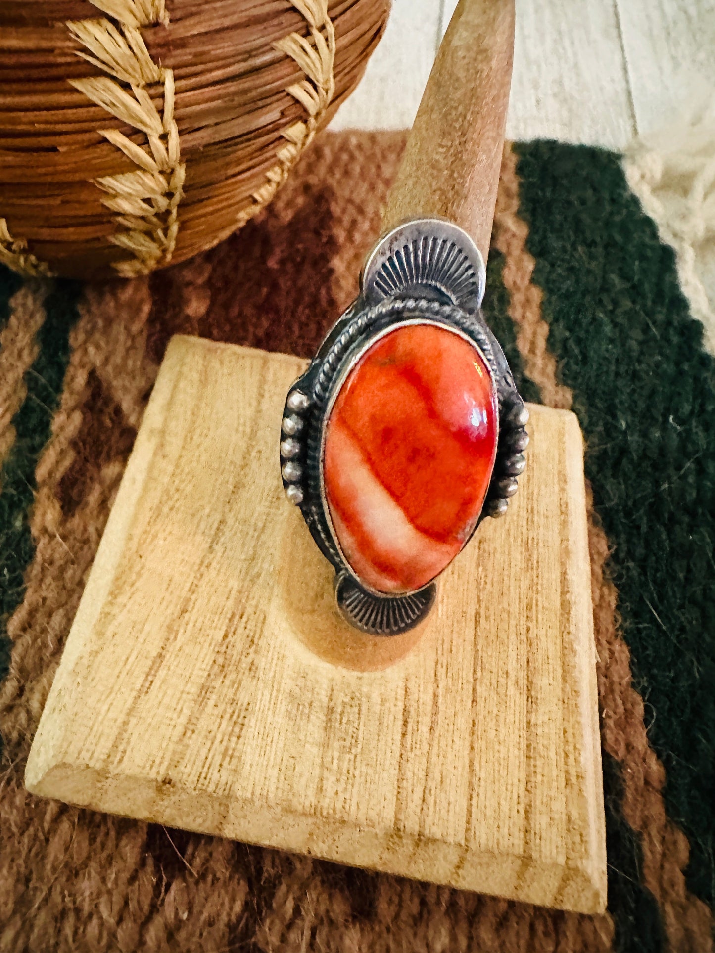 Navajo Orange Spiny & Sterling Silver Ring Size 7