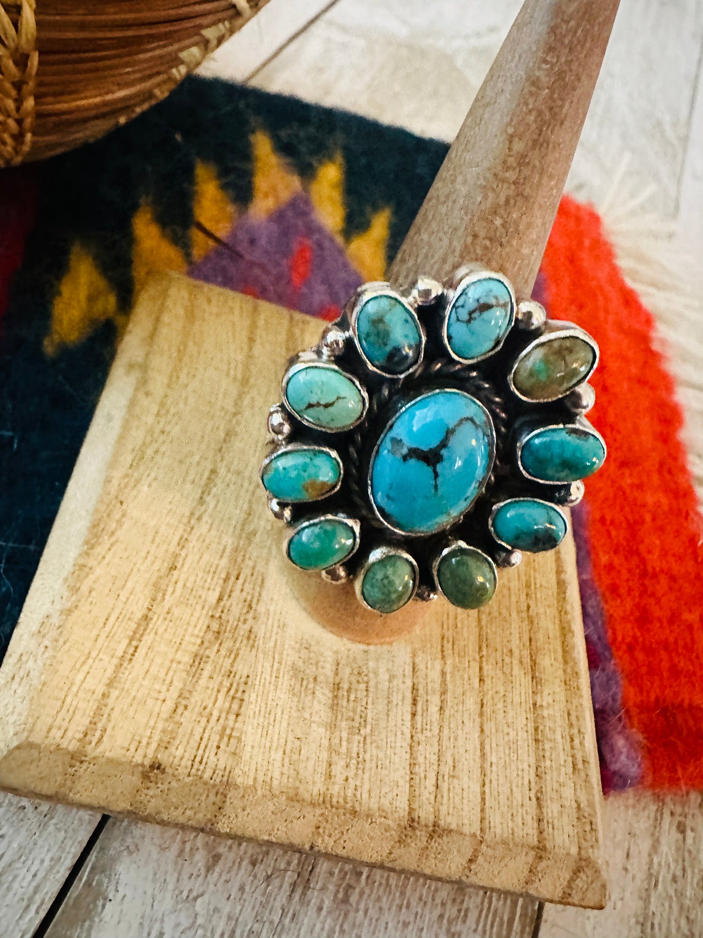 Navajo Sterling Silver & Turquoise Cluster Adjustable Ring