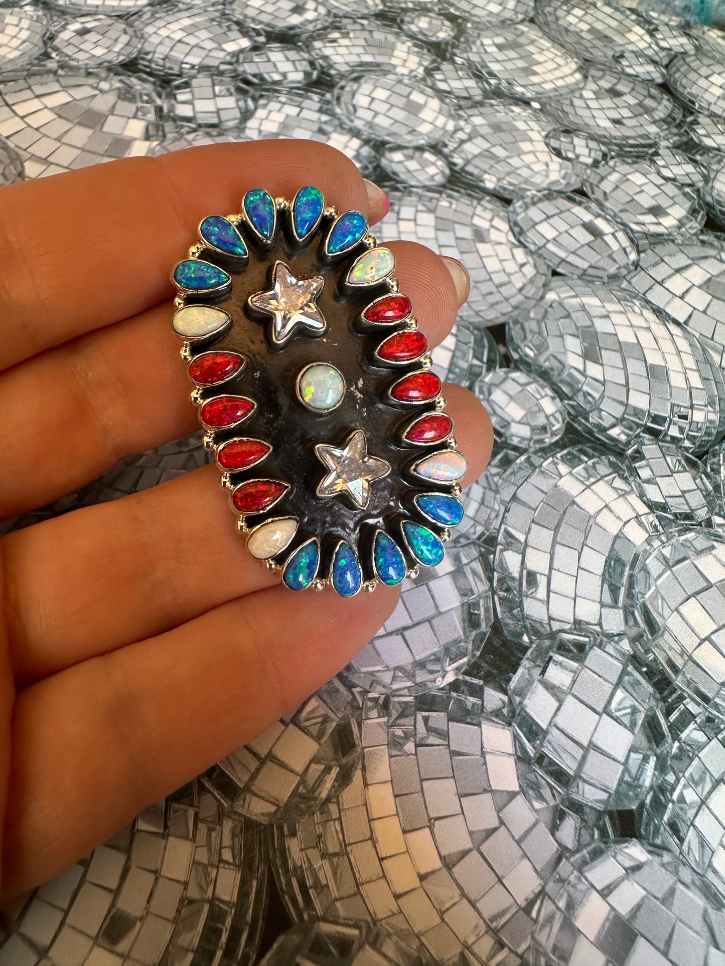 4TH OF JULY COLLECTION Handmade Red, White & Blue Fire Opal & Sterling Silver Adjustable Ring Signed Nizhoni