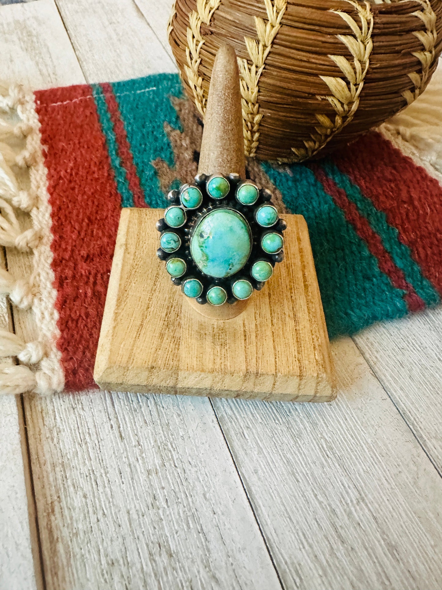 Navajo Turquoise & Sterling Silver Cluster Ring Size 8