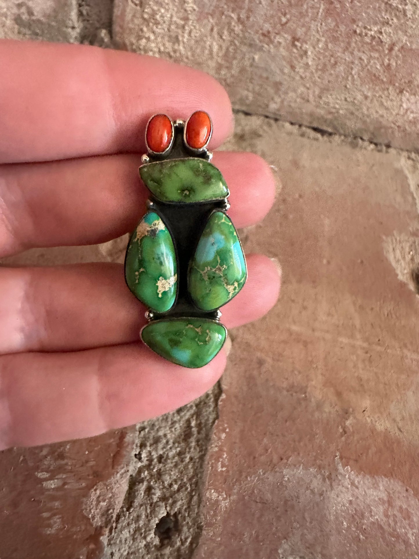 Beautiful Handmade Sonoran Turquoise, Coral And Sterling Silver Adjustable Cactus Ring