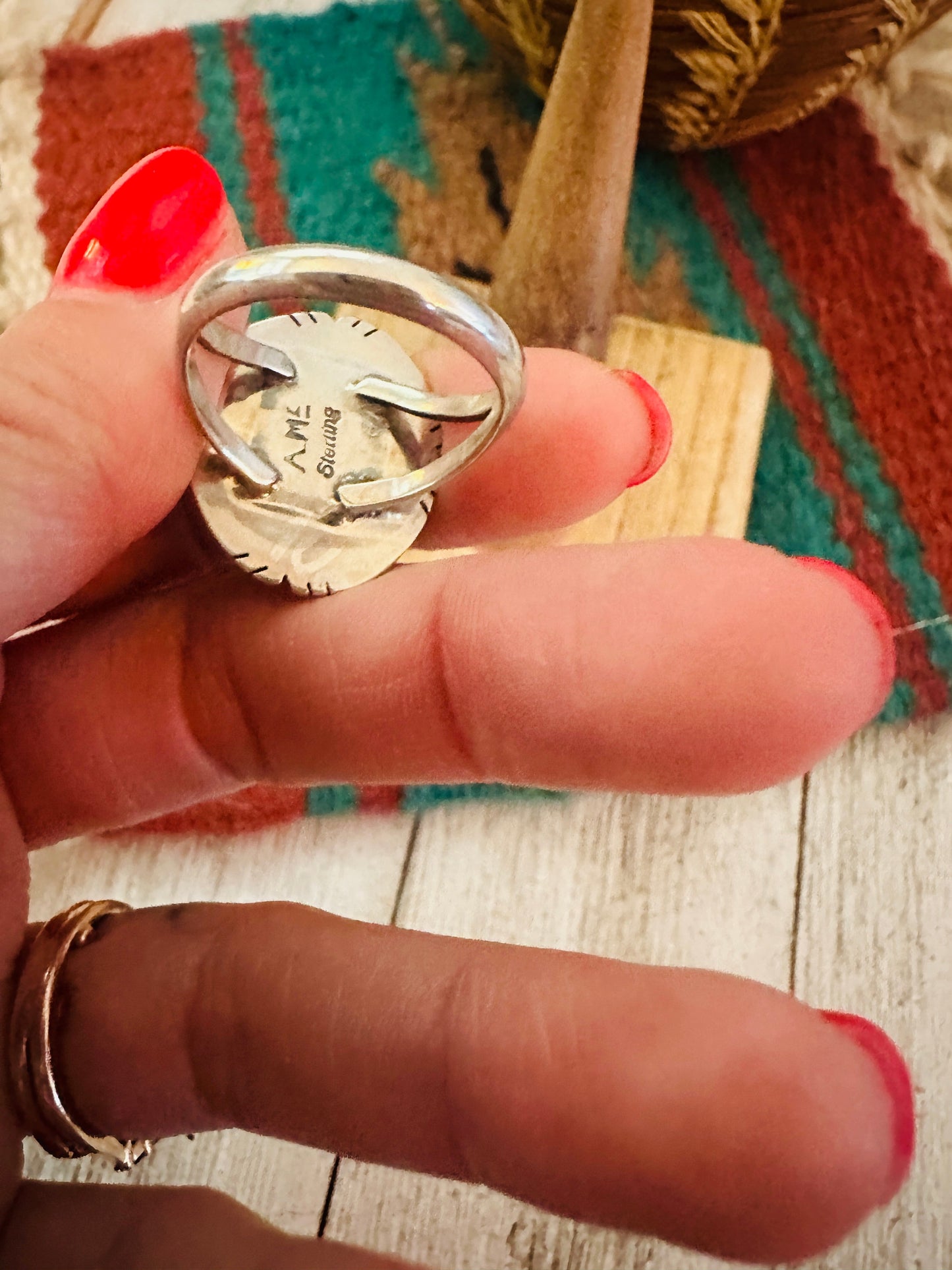 Navajo Turquoise & Sterling Silver Shadowbox Ring Size 8.75