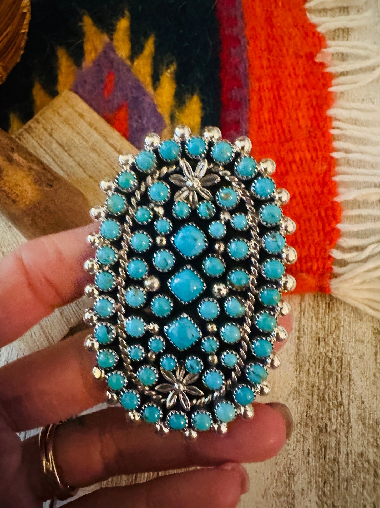 Navajo Sterling Silver & Turquoise Cluster Adjustable Ring