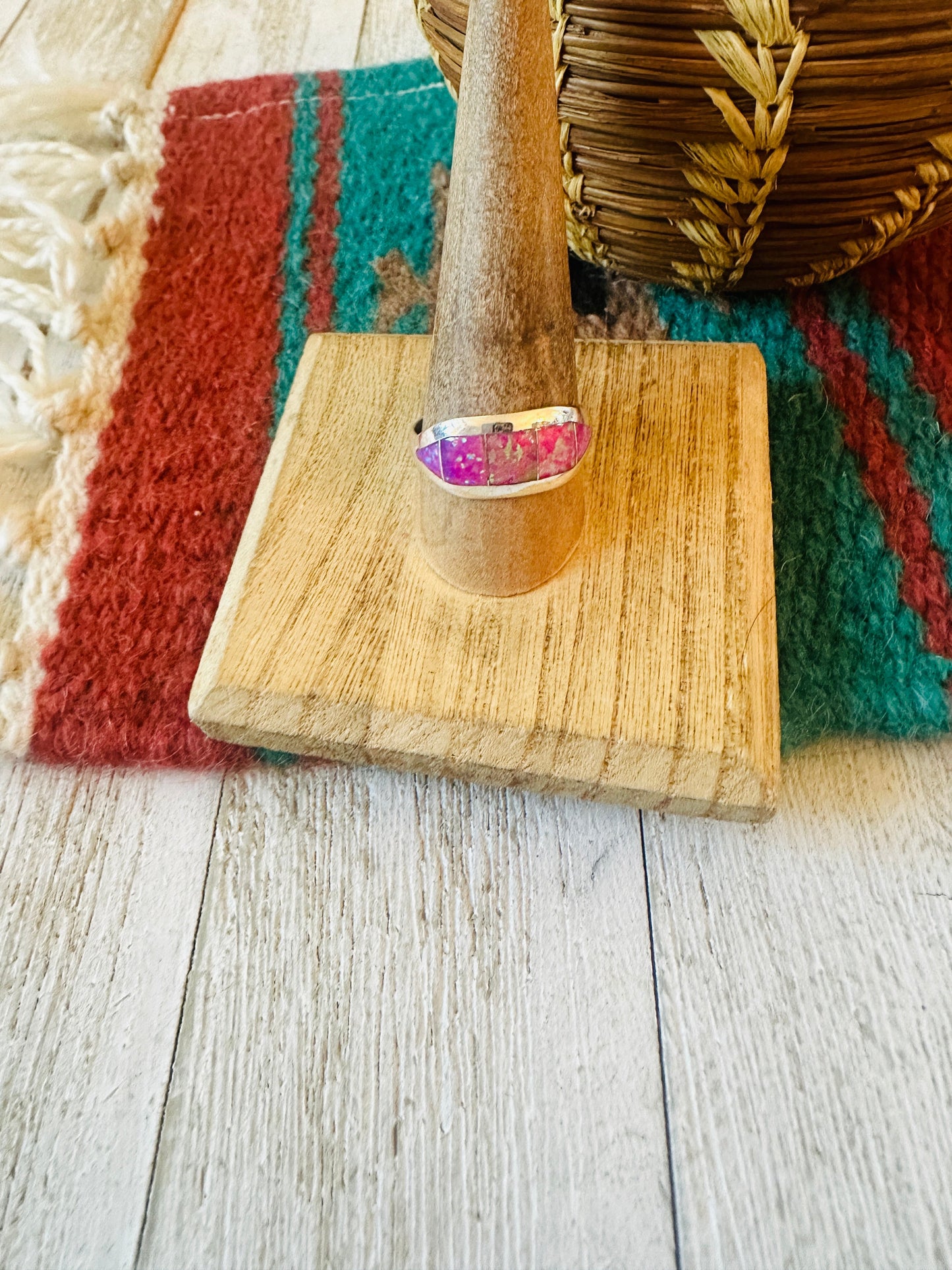 Navajo Sterling Silver & Pink Opal Inlay Band Ring