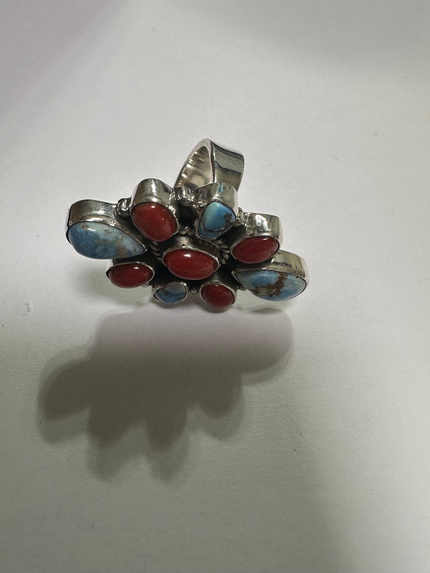 Beautiful Handmade Sterling Silver, Golden Hills Turquoise & Coral Adjustable Ring