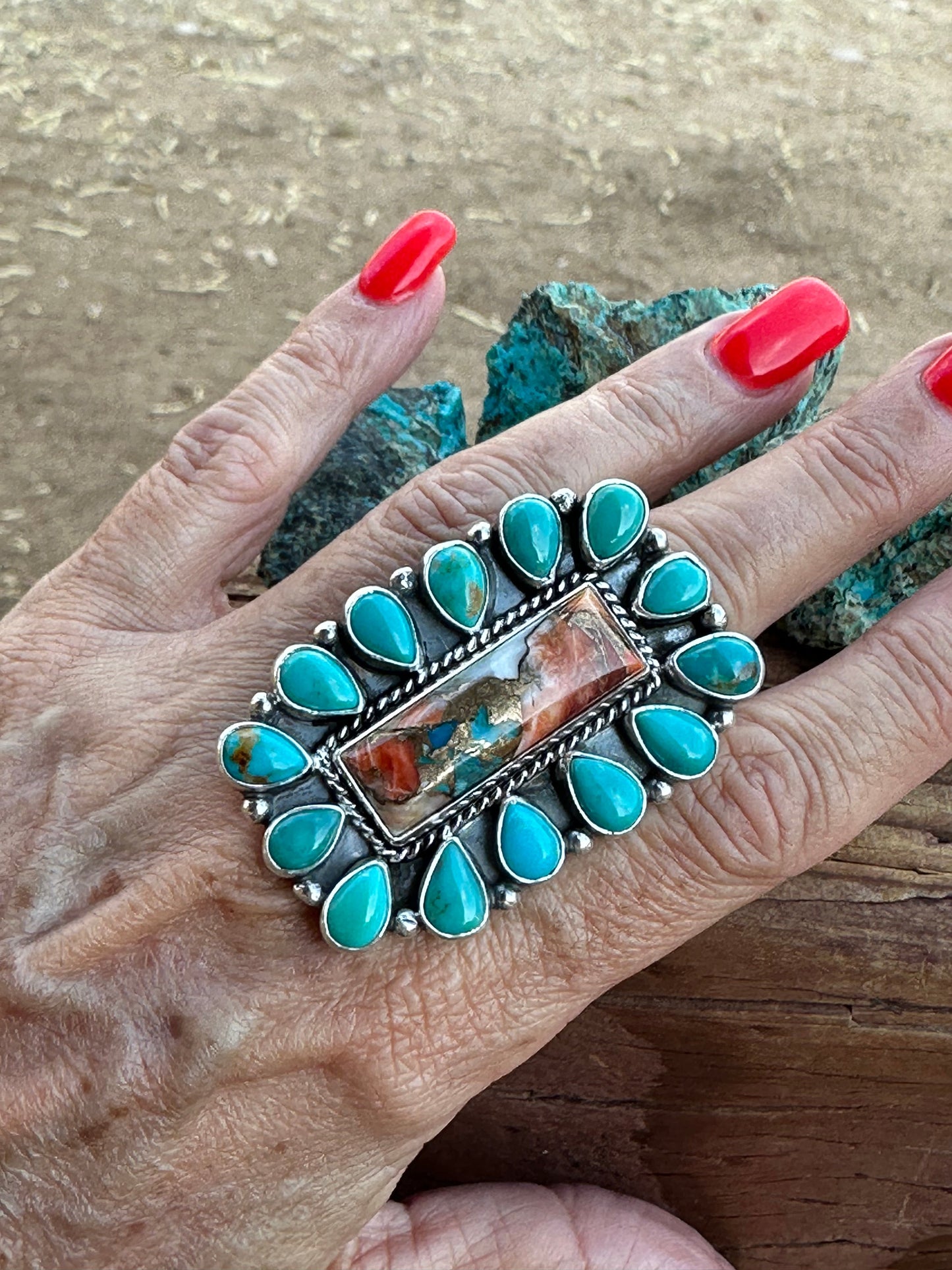 Navajo Made Spice, Kingman Turquoise And Sterling Silver Adjustable Statement  Ring