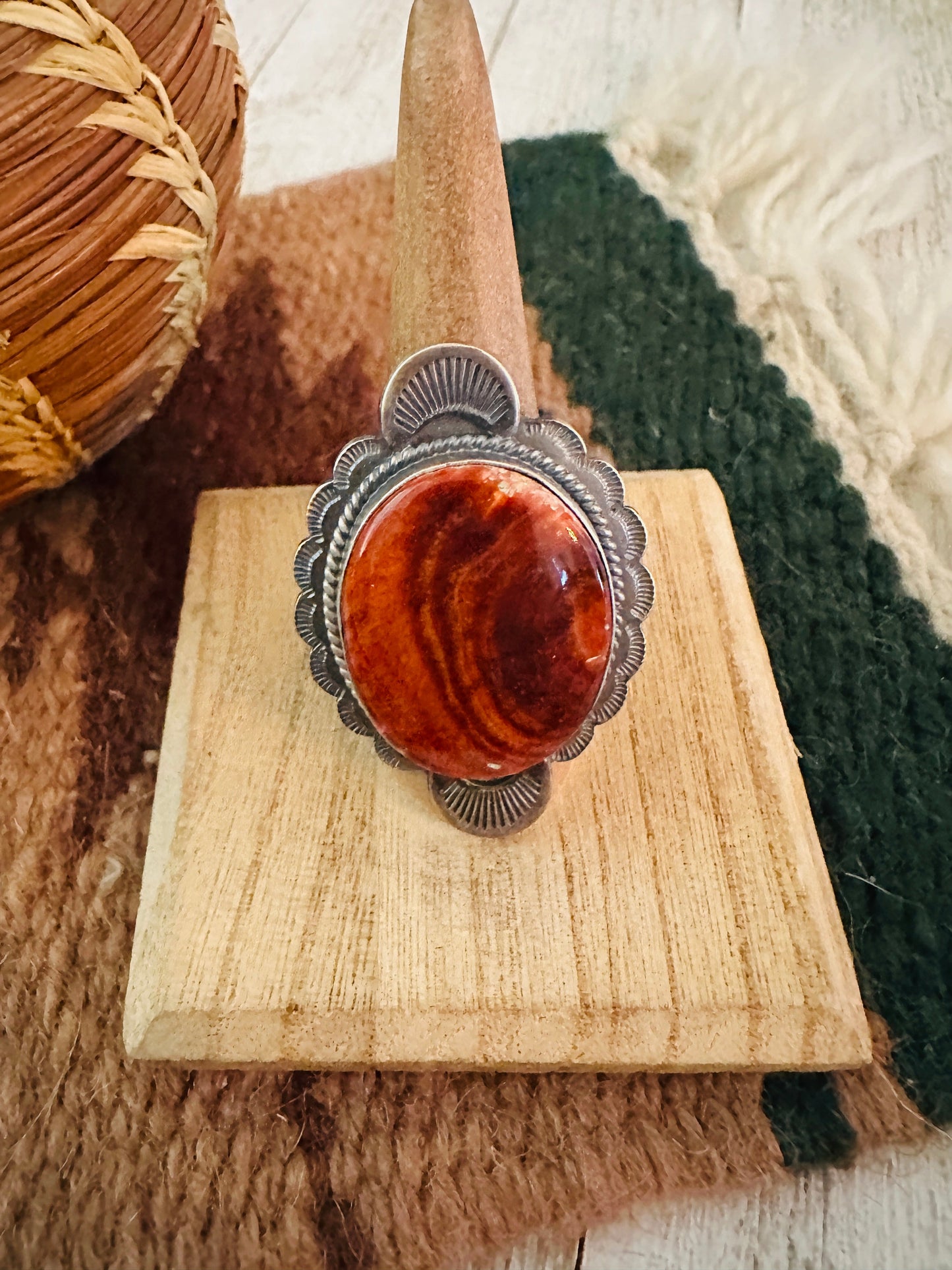 Navajo Orange Spiny & Sterling Silver Ring Size 8.5