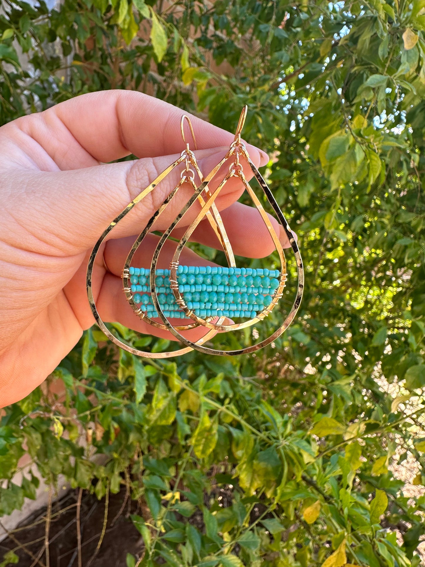 “The Golden Collection” Goldie Double Hoop Handmade Turquoise Beaded & 14k Gold Plated Earrings