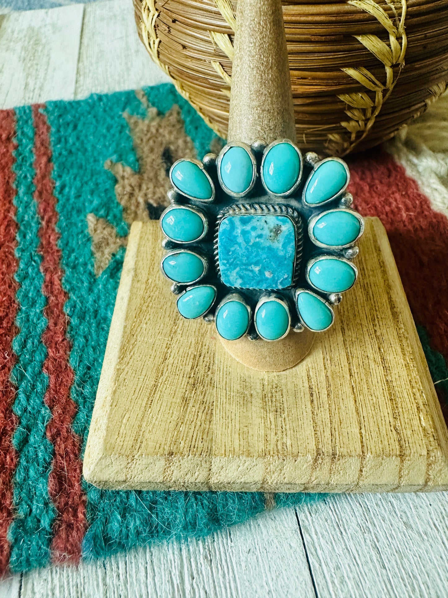 Navajo Turquoise & Sterling Silver Cluster Ring Size 7.5