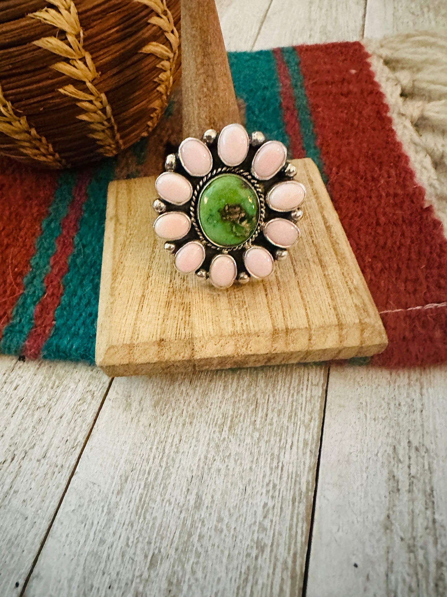 Navajo Sterling Silver, Queen Pink Conch & Turquoise Cluster Adjustable Ring