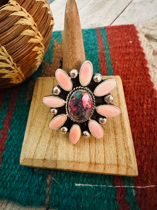 Navajo Sterling Silver, Queen Pink Conch & Pink Dream Cluster Adjustable Ring