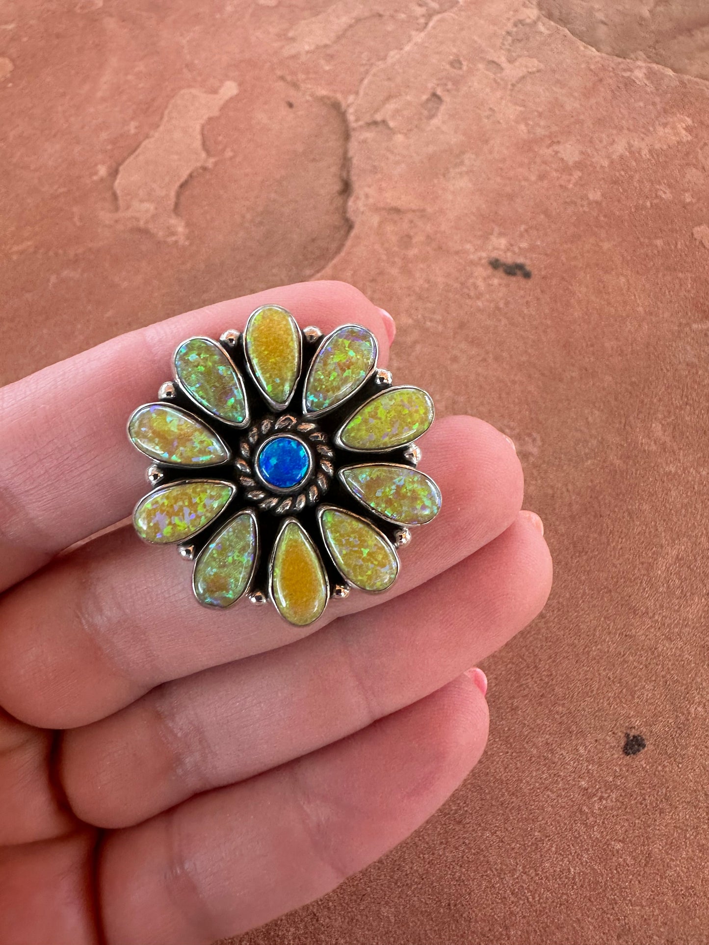 Beautiful Handmade Blue & Yellow Fire Opal And Sterling Silver Adjustable Flower Ring