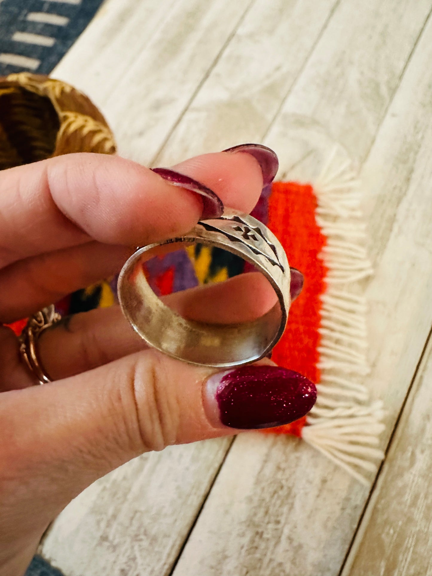 Navajo Hand Stamped Sterling Silver Band Ring Size 15