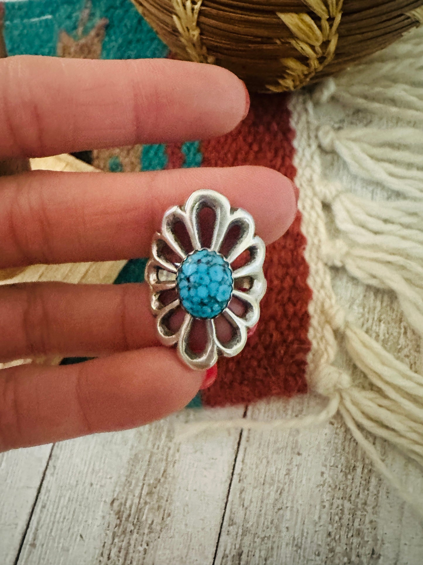 Navajo Sterling Silver & Kingman Turquoise Flower Ring