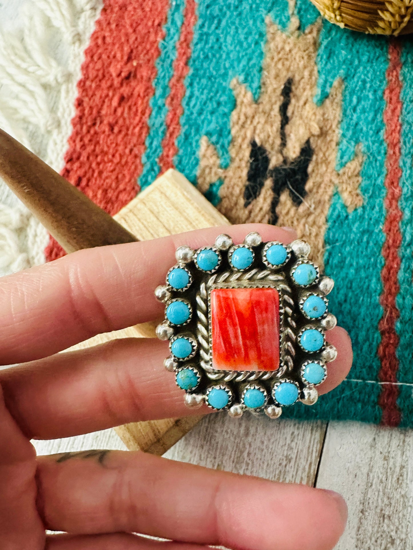 Navajo Sterling Silver, Spiny & Turquoise Cluster Adjustable Ring