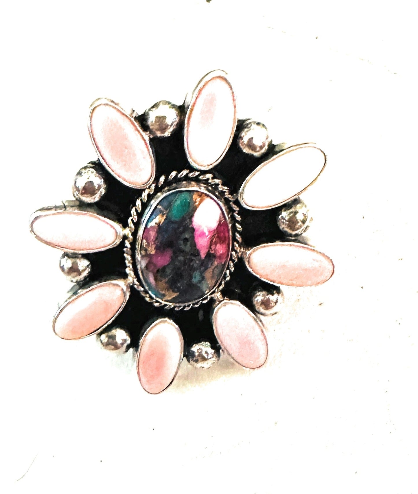 Navajo Sterling Silver, Queen Pink Conch & Pink Dream Cluster Adjustable Ring