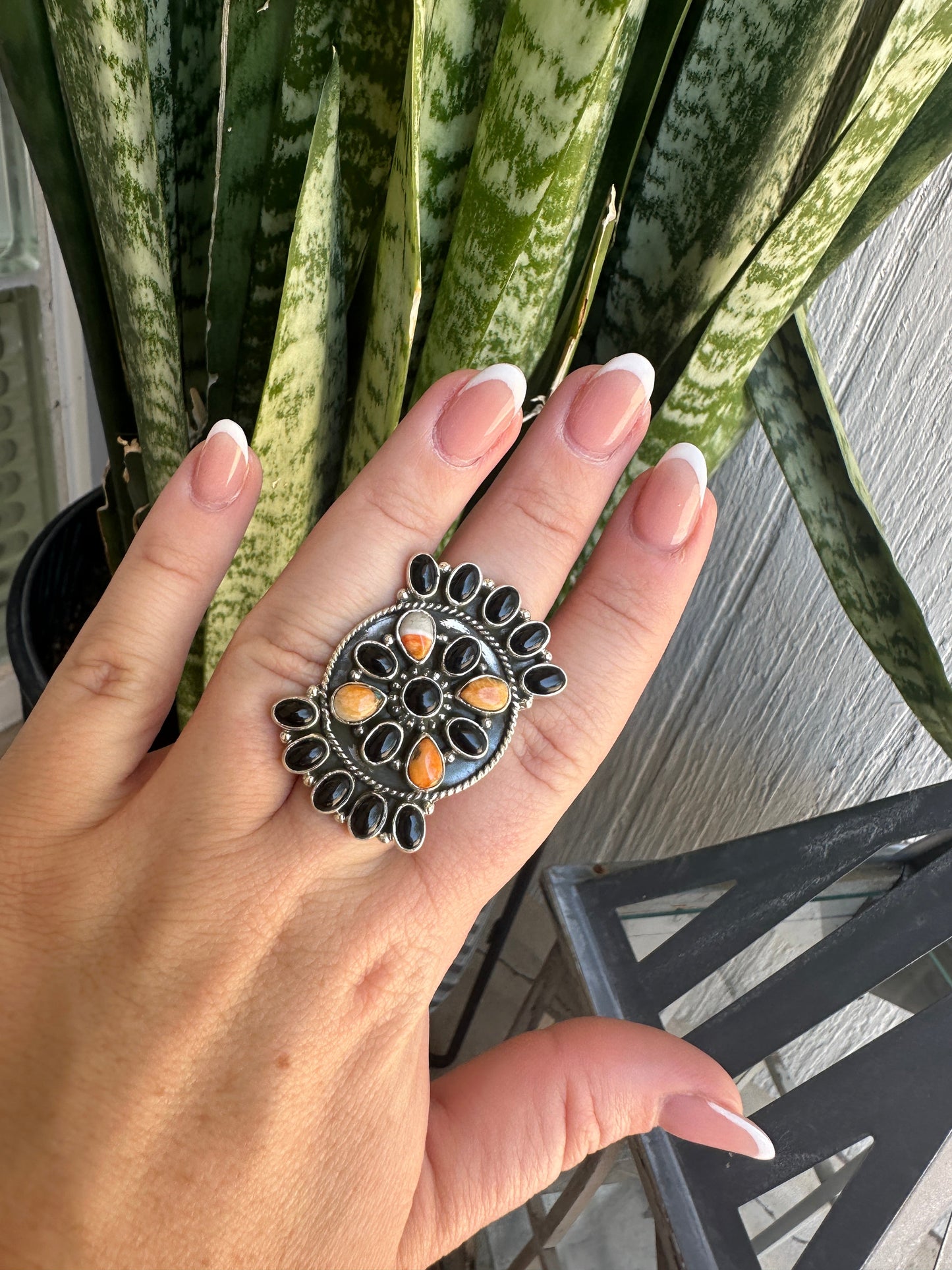 Beautiful Handmade Onyx, Spice And Sterling Silver Adjustable Cluster Ring Style 7