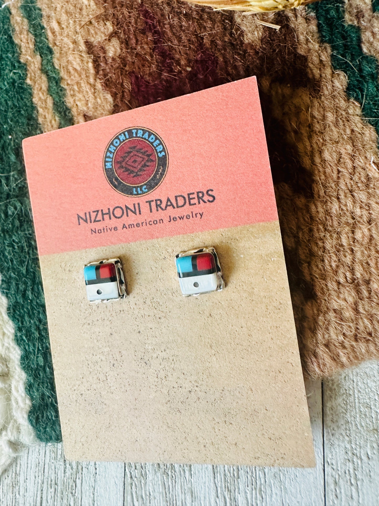 Zuni Sun Face Multi Stone & Sterling Silver Inlay Stud Earrings