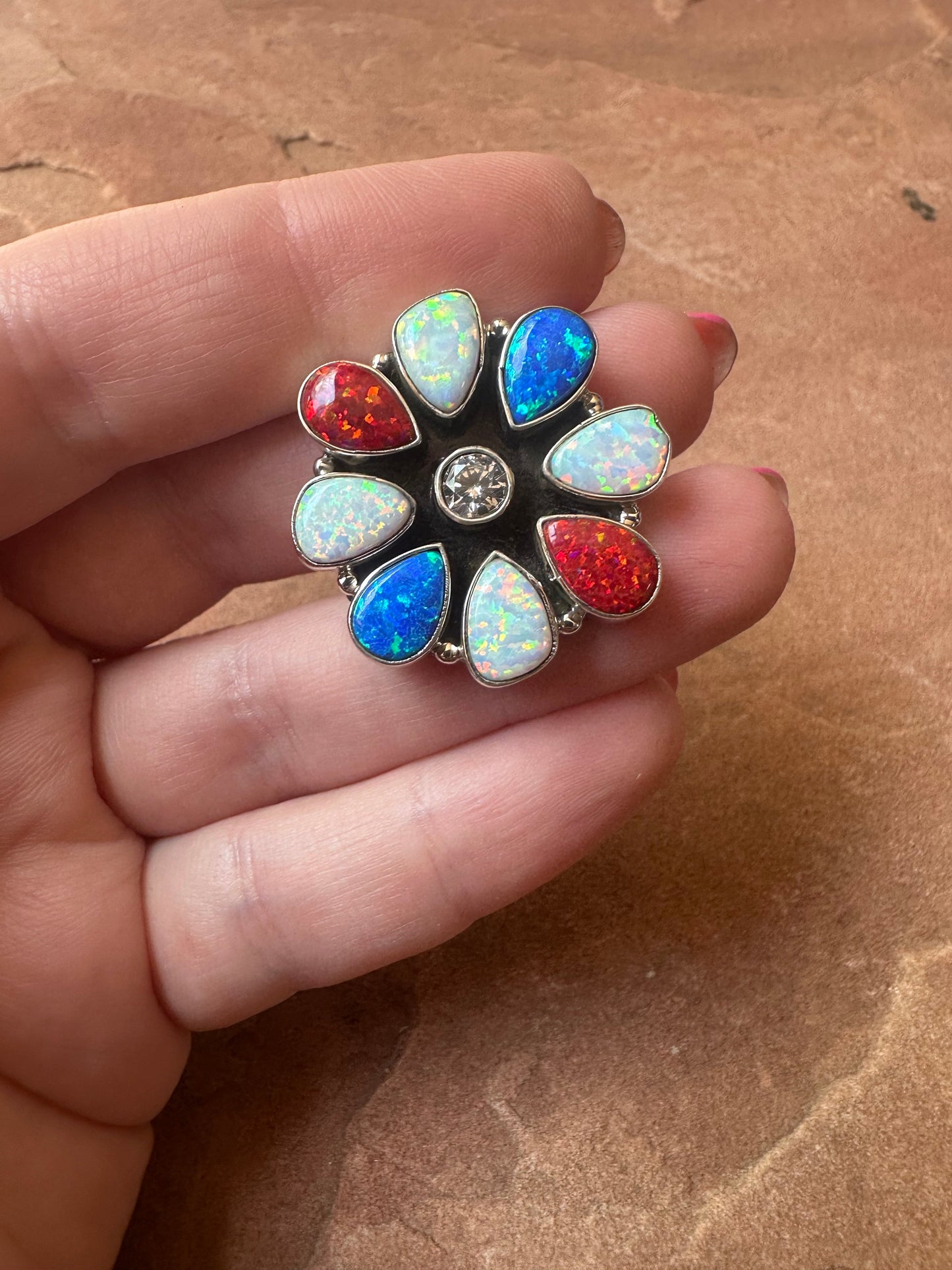 4TH OF JULY COLLECTION Handmade Red, White & Blue Fire Opal & Sterling Silver Adjustable Ring Signed Nizhoni