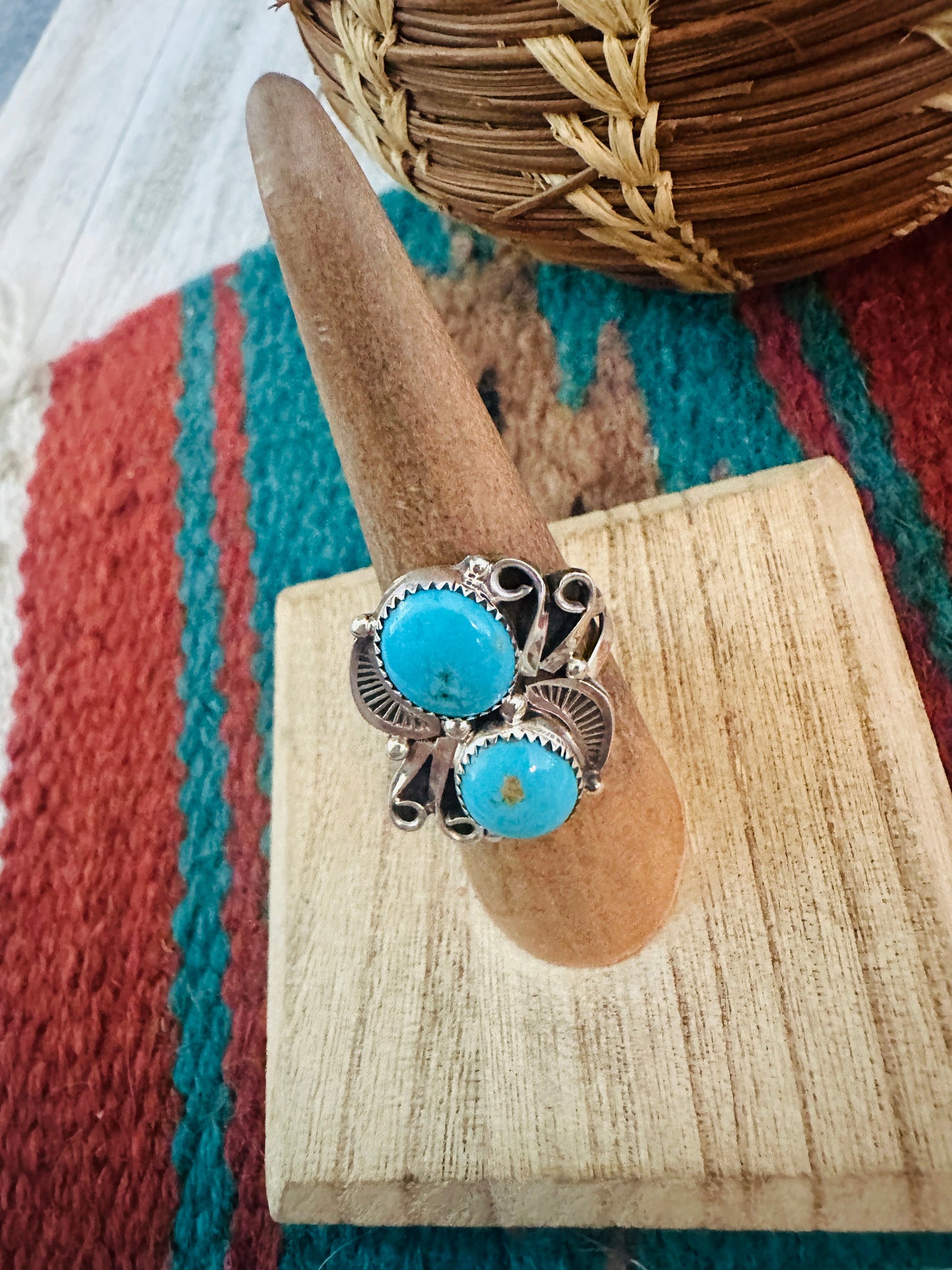 Navajo Turquoise & Sterling Silver Two Stone Ring Size 7.5