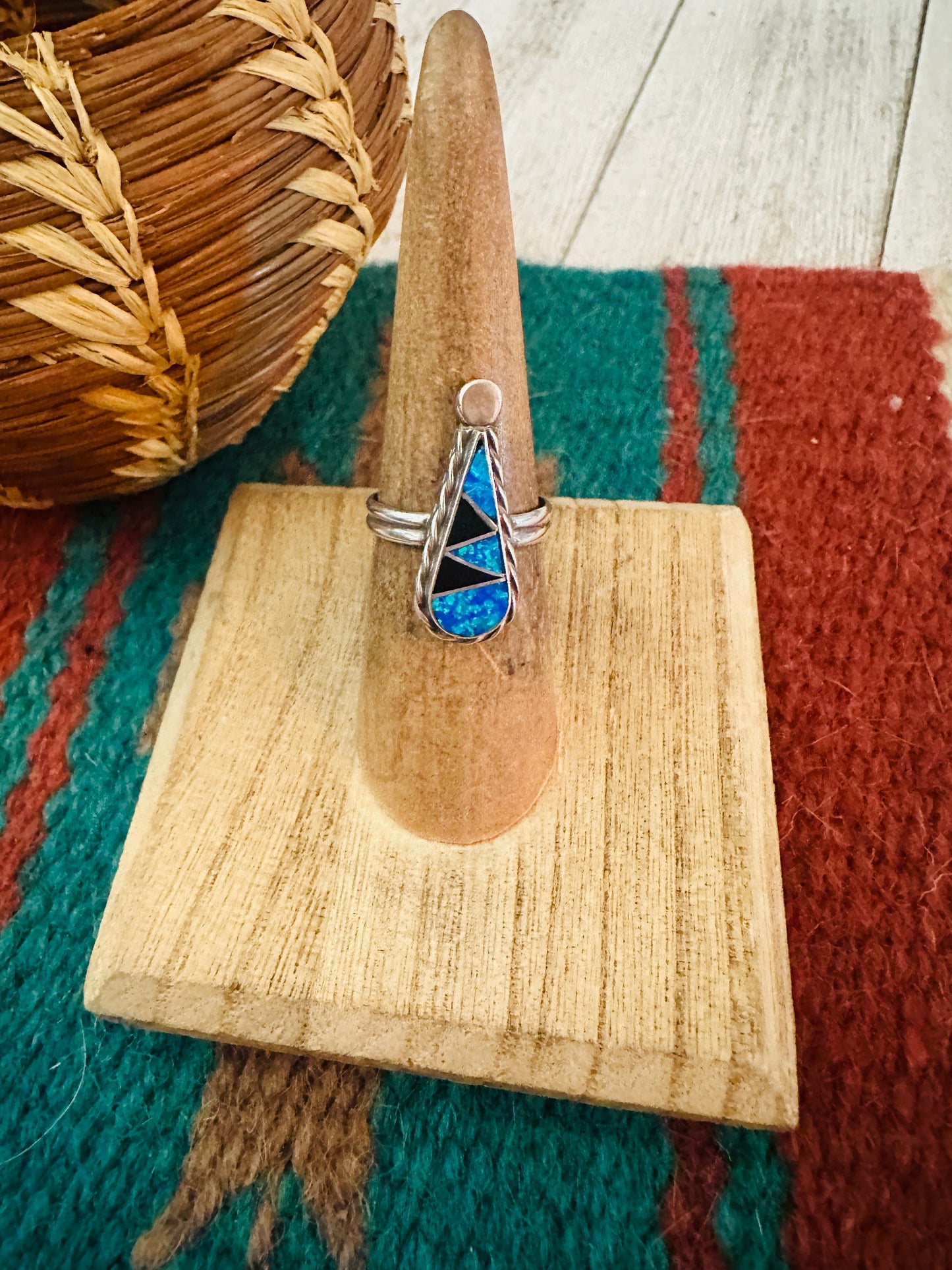 Navajo Sterling Silver, Opal & Onyx Inlay Ring