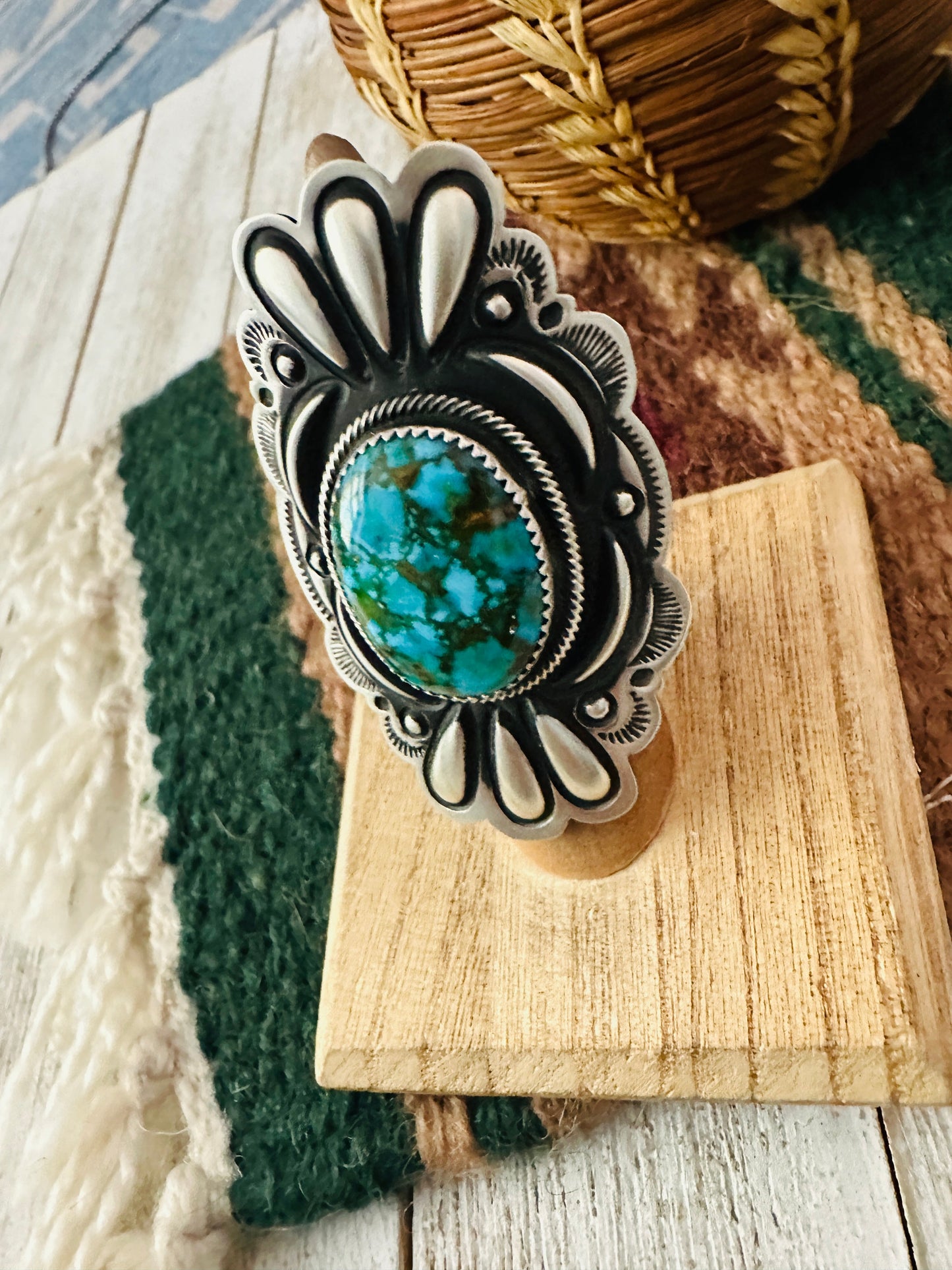 Navajo Turquoise & Sterling Silver Adjustable Concho Ring by Leander Tahe