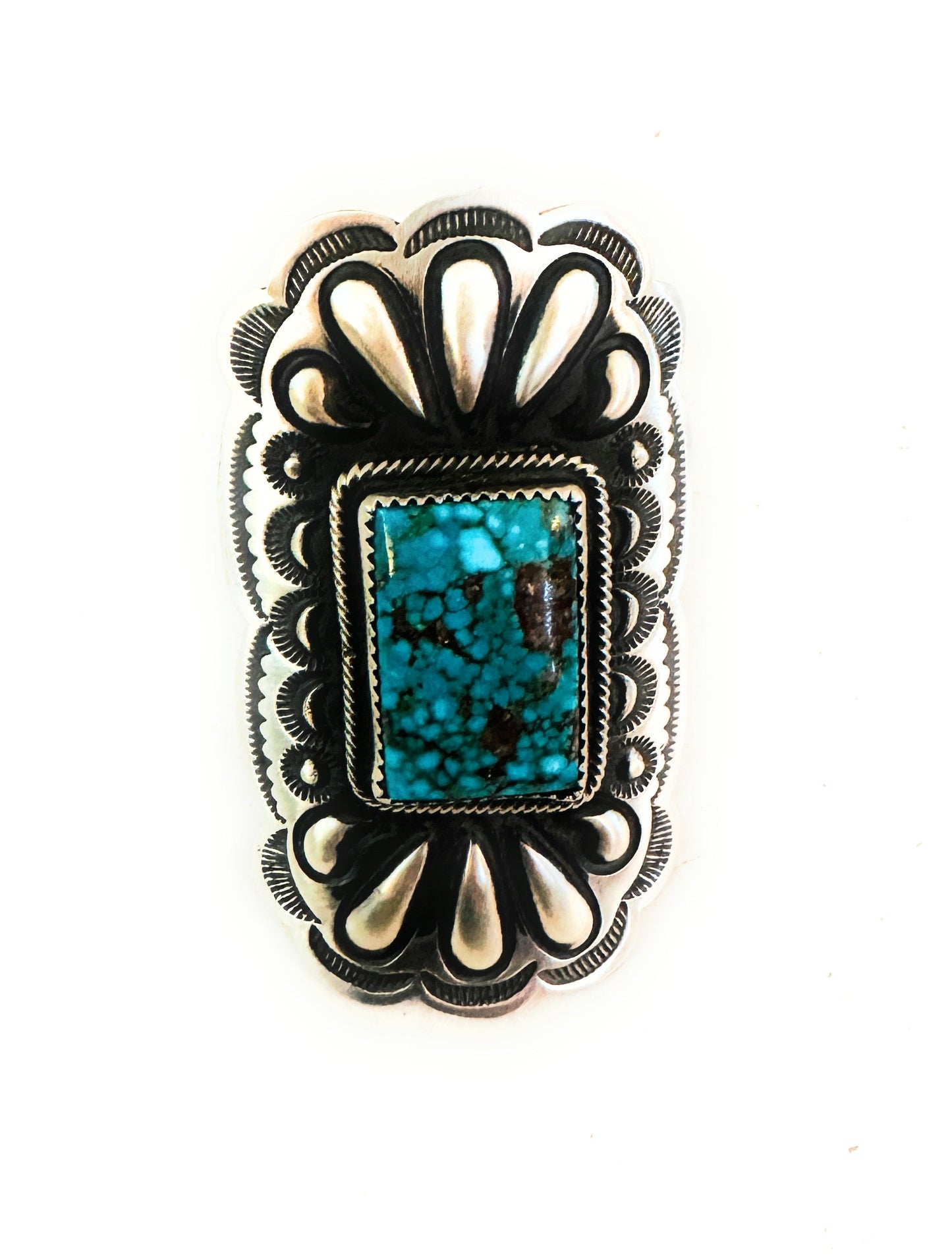 Navajo Turquoise & Sterling Silver Adjustable Concho Ring by Leander Tahe