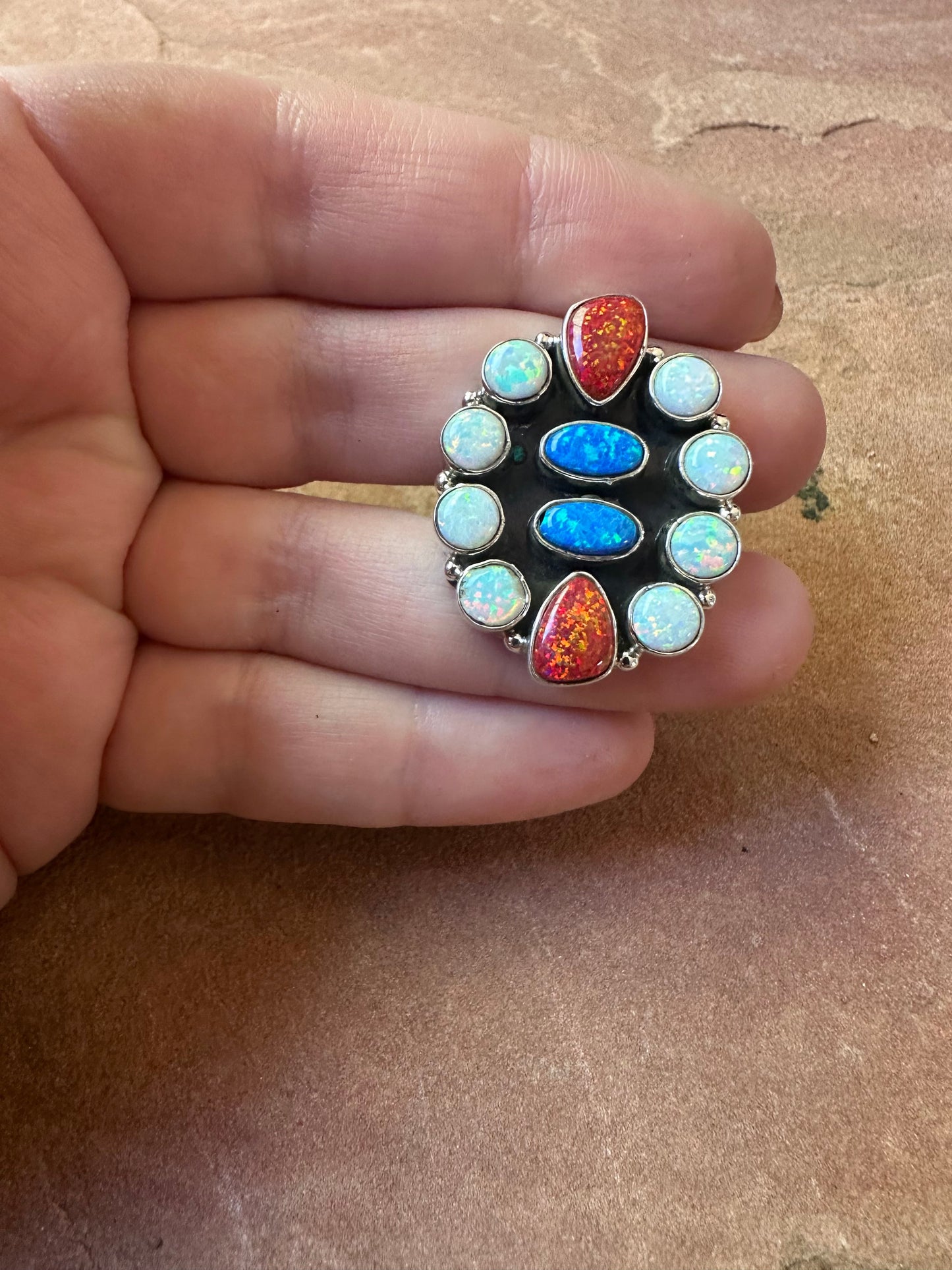 4TH OF JULY COLLECTION Handmade Red, White & Blue Fire Opal & Sterling Silver Adjustable Ring Signed Nizhoni