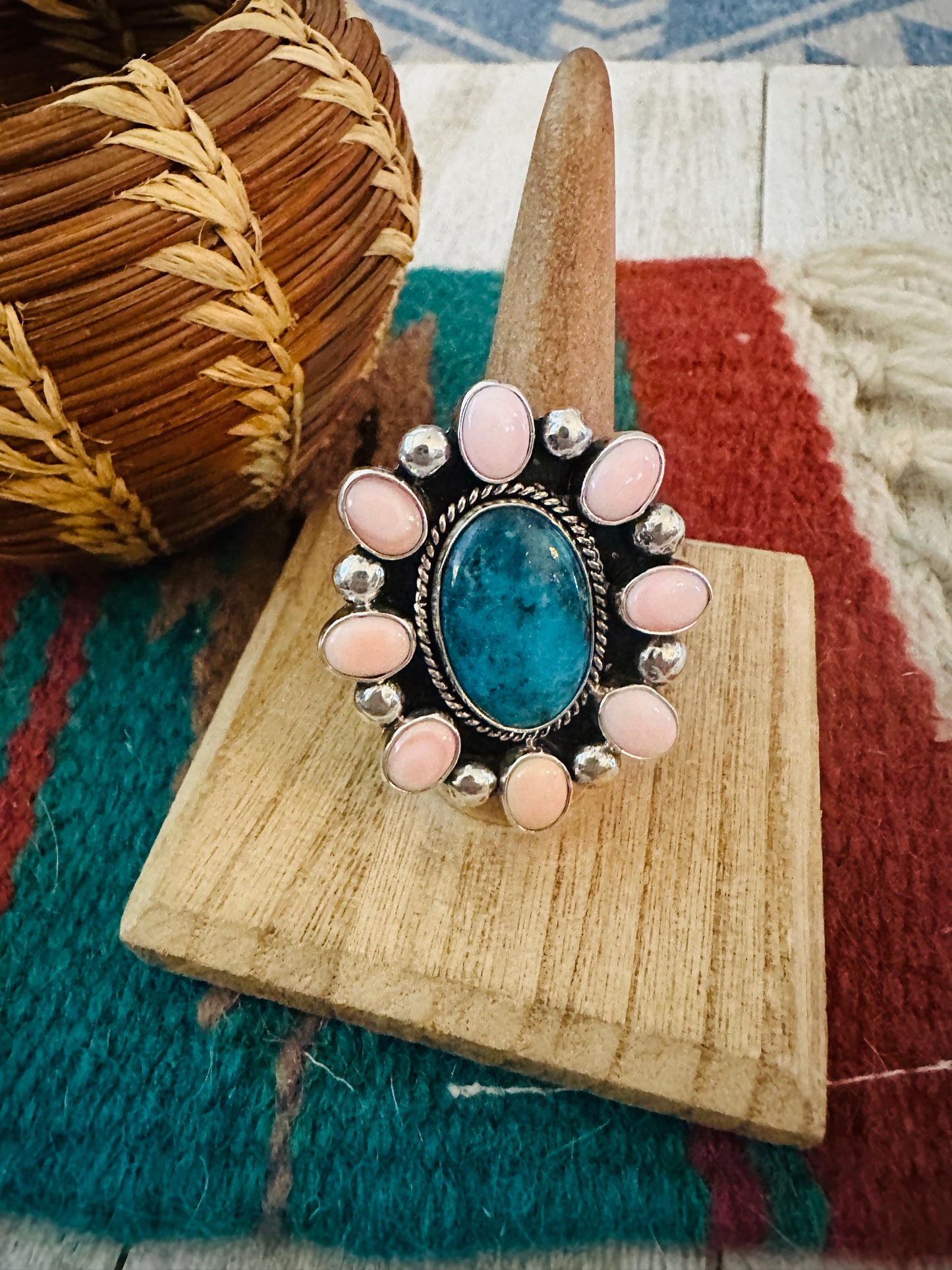 Navajo Sterling Silver, Queen Pink Conch & Turquoise Cluster Adjustable Ring