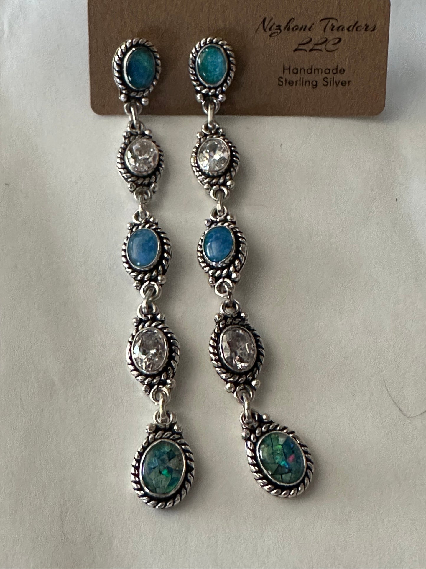 Blue Fire Opal and CZ Sterling Silver Handmade Dangles