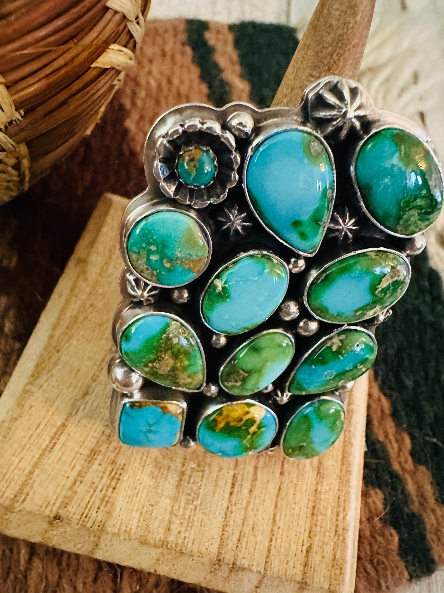 Navajo Sonoran Mountain Turquoise & Sterling Silver Adjustable Cluster Ring