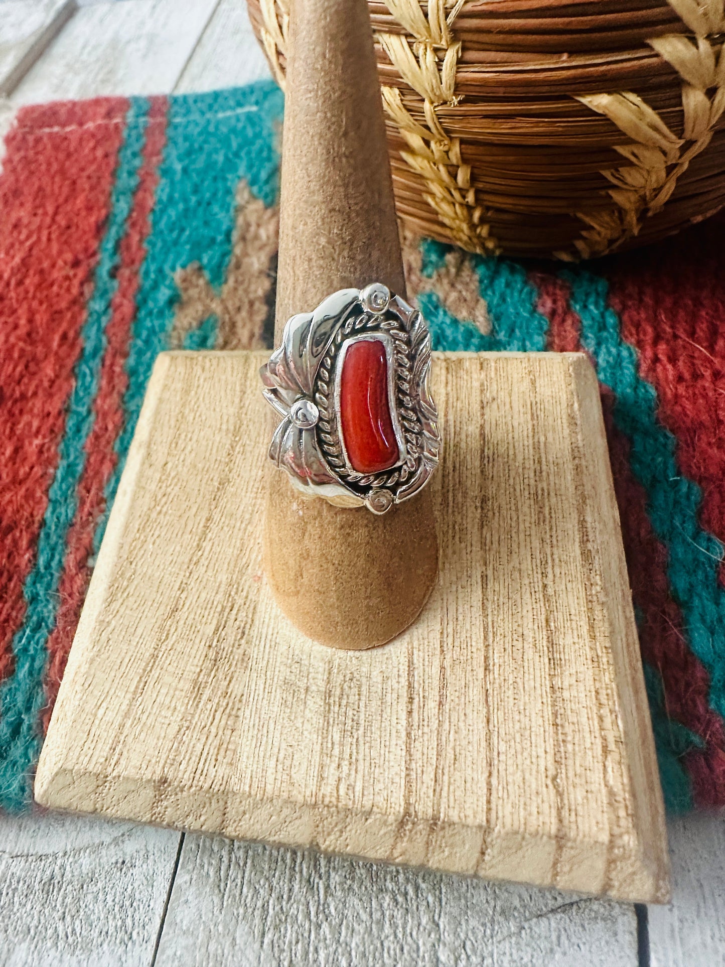 Navajo Coral & Sterling Silver Ring Size 6