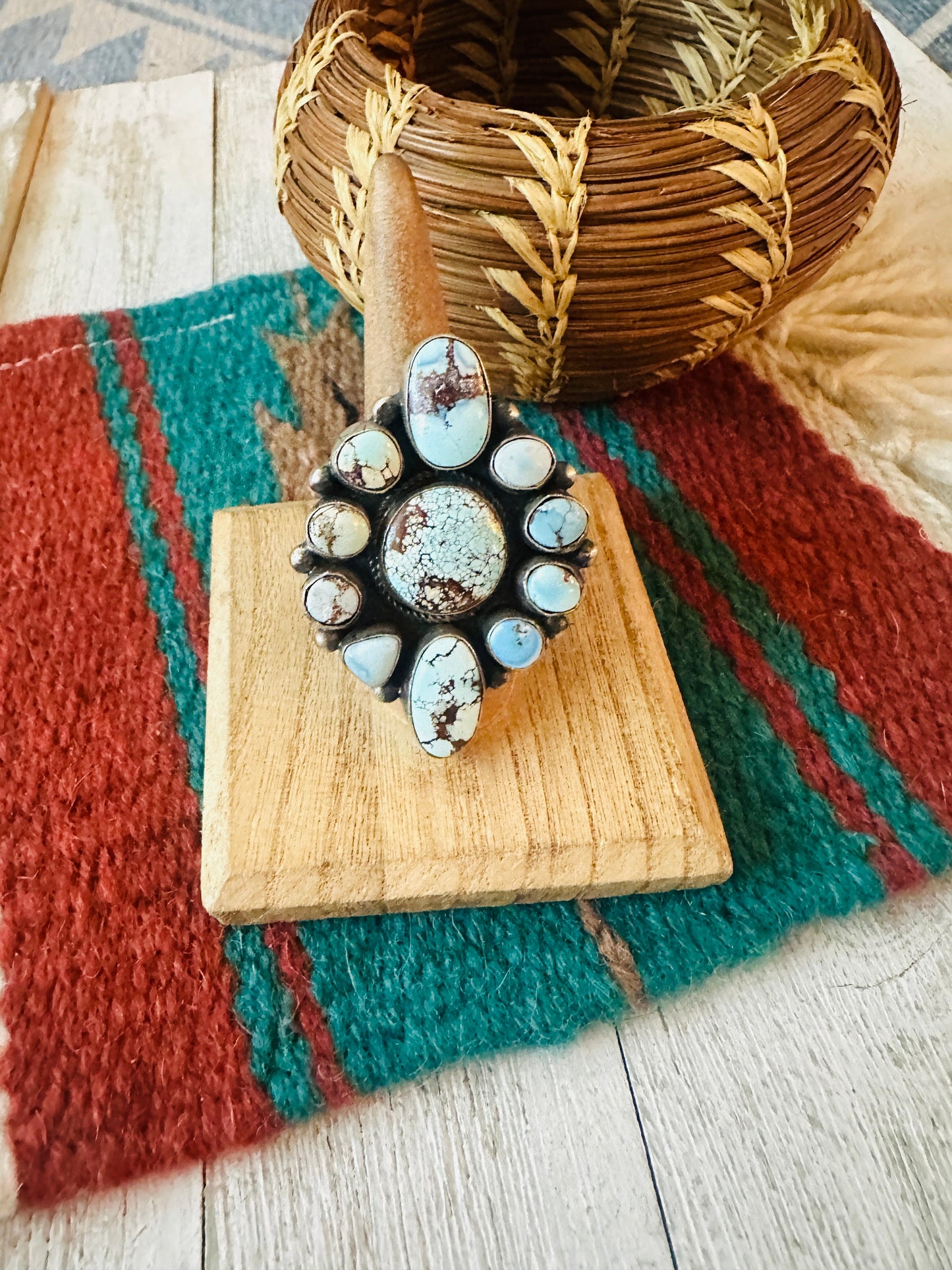 Navajo Golden Hills Turquoise & Sterling Silver Cluster Ring Size 7